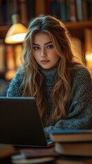 Blond girl using laptop in library