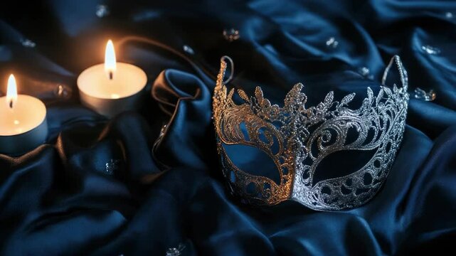 Elegant Venetian Masks and Candlelight on Luxurious Blue Satin for a Festive Mood