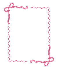 Coquette pink frame with ribbon and bow. Aesthetic vintage border and ornament. Hand drawn cute decoration element for sticker, poster, banner, wedding, valentine day. Vector illustration. 