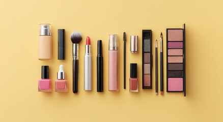 Makeup products in various shades of pink, beige, and brown, arranged on a yellow background