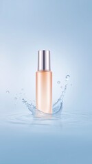 Cosmetic bottle splashing in water with droplets creating a refreshing ambiance and highlighting beauty product features for skincare enthusiasts