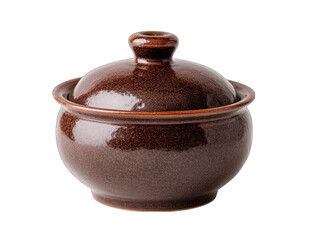 Dark brown ceramic covered bowl, smooth texture