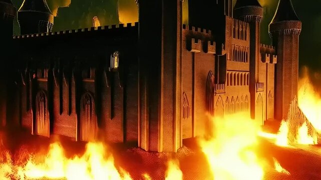 Dark Castle Illustration Amidst Fiery Flames, creating a dramatic landscape view