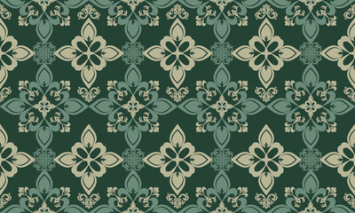 Fototapeta premium Seamless Rug Green Vintage Damask Pattern – Elegant Ornamental Tile Design Background. This ornate floral tile-inspired design is perfect for use in luxury interior decoration, rug and carpet design.