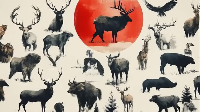 Diverse wildlife gathering inspired by vintage prints and classical art aesthetics