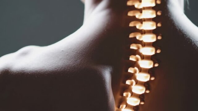 Medical visualization highlighting woman's spine vertebrae, revealing potential spinal curvature, skeletal alignment issues, and associated musculoskeletal discomfort on neutral background