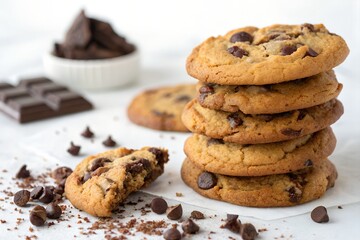 Delicious stack of chocolate chip cookies and chocolate