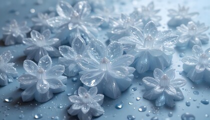 Frosted crystals shaped like petals glimmer on a soft blue surface, accentuated by scattered water droplets.