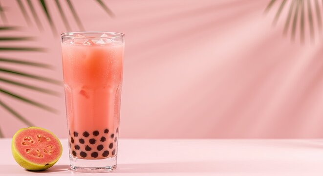 Refreshing guava bubble tea on pink background with palm shadows