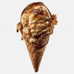 Creamy vanilla ice cream scoop in a waffle cone drizzled with rich caramel sauce and placed on a light background