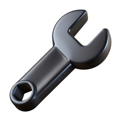 Black Wrench Tool 3d icon in cartoon plastic style minimal isolated on transparent white background