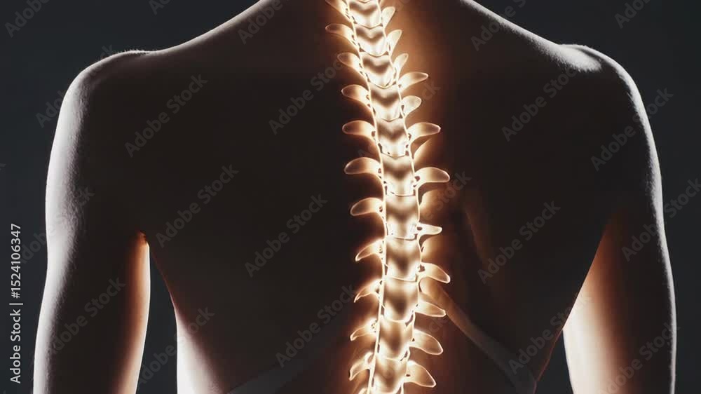 Poster glowing digital spine model revealing vertebral issues, visualizing anatomical challenges for health
