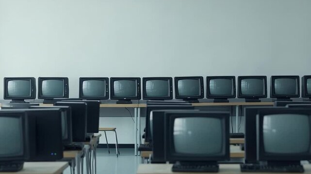 Classroom filled with rows of old computers, depicting learning and technology