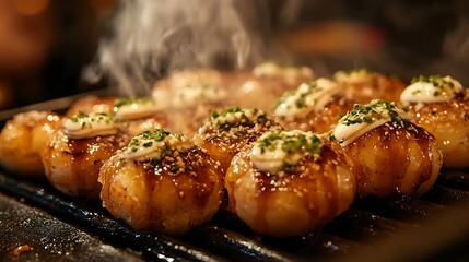 Cooking Savory Appetizers on Grill with Sauce and Herbs