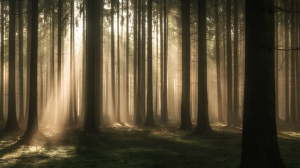 Naklejka premium Sun rays through a mystic forest