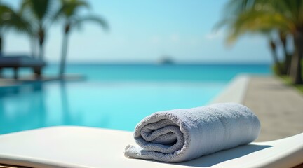 Rolled towel on sunbed by tropical pool in summer resort with copy space