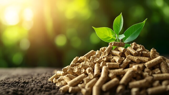 Growing Plant with Wood Pellets on Soil in Natural Sunlight
