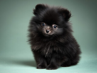 Obraz premium A Cute Black Pomeranian Puppy on a Green Background 녹색 배경의 귀여운 검은 포메라니안 강아지