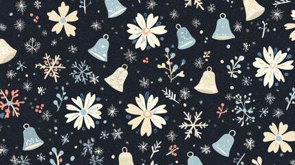 Festive winter pattern with snowflakes, bells, and flowers on dark background, creating cheerful holiday atmosphere