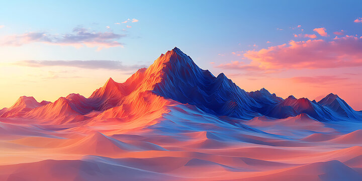 Dreamy mountain landscape with soft sunrise colors serene peaks and rolling dunes gentle clouds and blue sky tranquil horizon pink and blue palette artistic dreamlike scenery