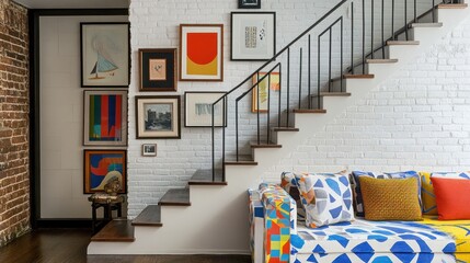 Fototapeta premium Staircase with art and colorful couch