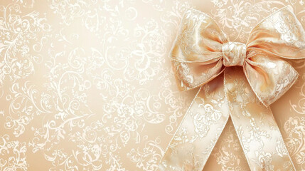 Close up of large, elegant, satin bow with intricate floral patterns soft, beige background with swirling floral designs