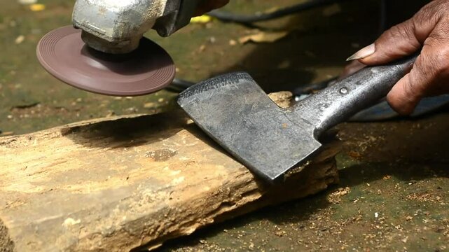 Isolated close up of chef knife sharpening, honing and stropping process by  a skilled craftsman. Vintage old school craftsman at work in grange shop showing true professional skills.