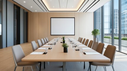 Modern conference room with a long table, chairs, notepads, water glasses, and large windows providing natural light.