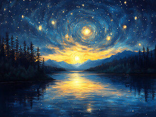 Dreamy night landscape with starry sky and lake reflection illuminated by golden sunset above majestic mountains and evergreen forest