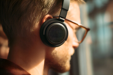 Young man wearing headphones listening to music looking out window