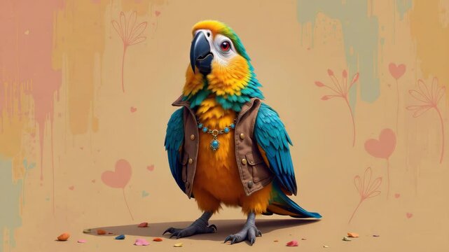 Colorful parrot dressed as a pirate with a vest and eye patch for a fun and playful look