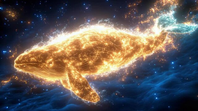 Abstract whale outlined in luminous particles against a backdrop of swirling, textured water