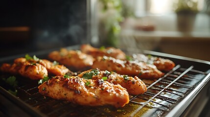 Cooking Grilled Chicken on Tray with Herb Garnish