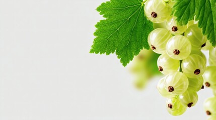 White currant berries with green leaf, Closeup of white currant cluster, Bright fruit image for food blogs or recipe concepts