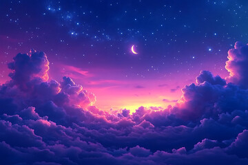 Fototapeta premium Dreamy nightscape with crescent moon and clouds illuminated by sunset and starry sky