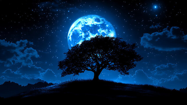 Dreamy nightscape with silhouetted tree against a big blue moon and starry sky in deep blue