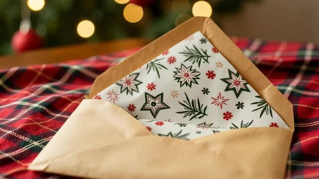Holiday envelope with festive pattern on a cozy plaid background  