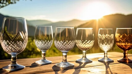 Crystal wine glasses lined on rustic wooden table with mountain view at sunset, inviting wine tasting experience in nature