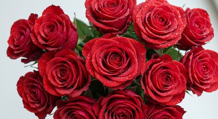 Obraz premium 深紅のバラ束 輝く水滴 鮮やか写真 (Shinku no bara musubi kagayaku suidoku azayaka shashin) This translates roughly to: 