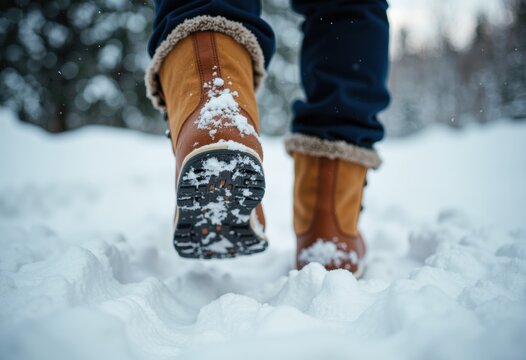 Close-up of a person walking through snow in winter boots during a snowy day