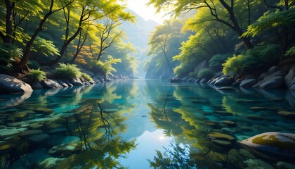 Clear waters mirror a vibrant forest, blending the dynamic textures of foliage, stone, and light into a cohesive harmony