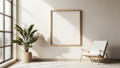 Minimalist interior featuring a blank framed canvas, potted plant, and a modern armchair in a sunlit room with large windows