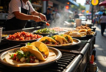 Obraz premium Street food tacos being prepared and served at an outdoor market stall