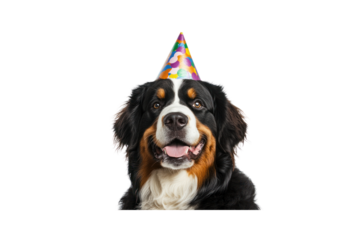 Joyful Birthday Pup: A charming Bernese Mountain Dog adorned with a festive party hat, radiating happiness and anticipation for a birthday celebration, embodying the pure joy of canine companionship.