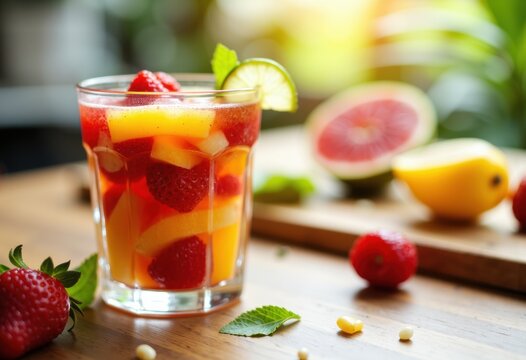 Refreshing fruit cocktail with strawberries, melon, and citrus on a wooden table