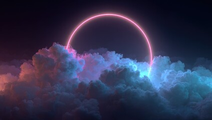 Neon circle framed by vibrant clouds