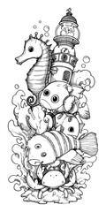 Fototapeta premium Hand-drawn Doodle of Sea Creatures with a Lighthouse in Black and White