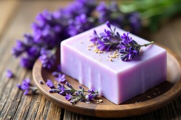 Luxurious lavender soap bar adorned with delicate dried lavender flowers, perfect for spa settings or bathroom displays Aromatic and visually appealing , purple petals, gift, violet