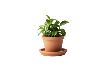 Obraz premium Small Potted Plant: A vibrant, healthy green plant thrives in a terracotta pot with a matching saucer. The plant shows strong growth and healthy leaves.