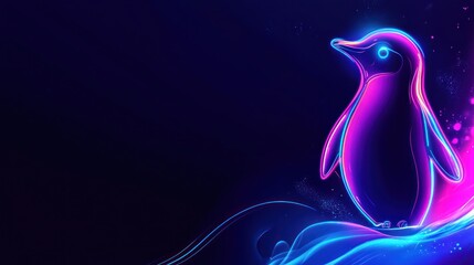 Luminous penguin-like creature with vibrant pink and blue glowing neon contours